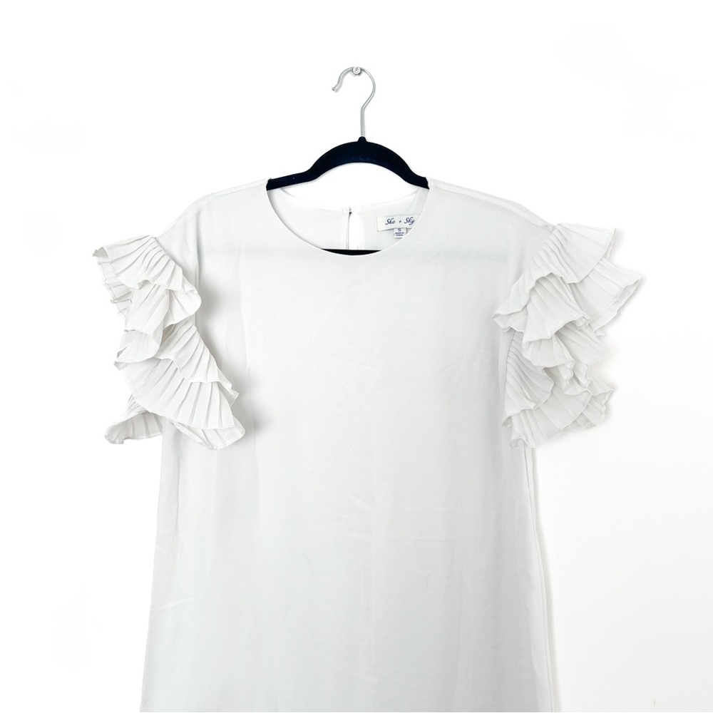 She + Sky - Women’s White Ruffle Sleeve Flowy Mini Dress (White, S)